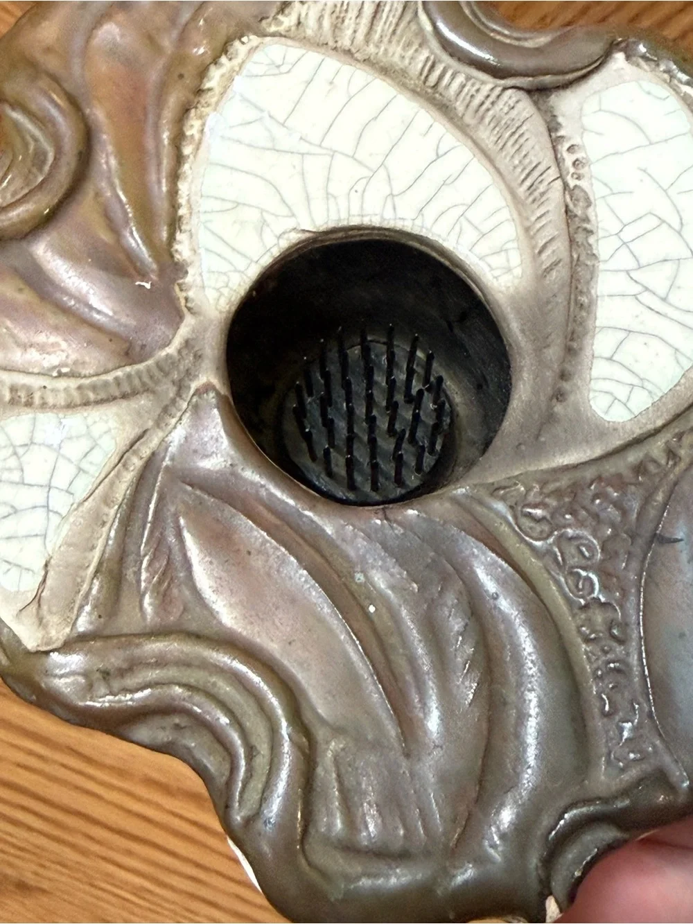 Vintage Prolon Ikebana pottery flower frog vase featuring an Art Nouveau